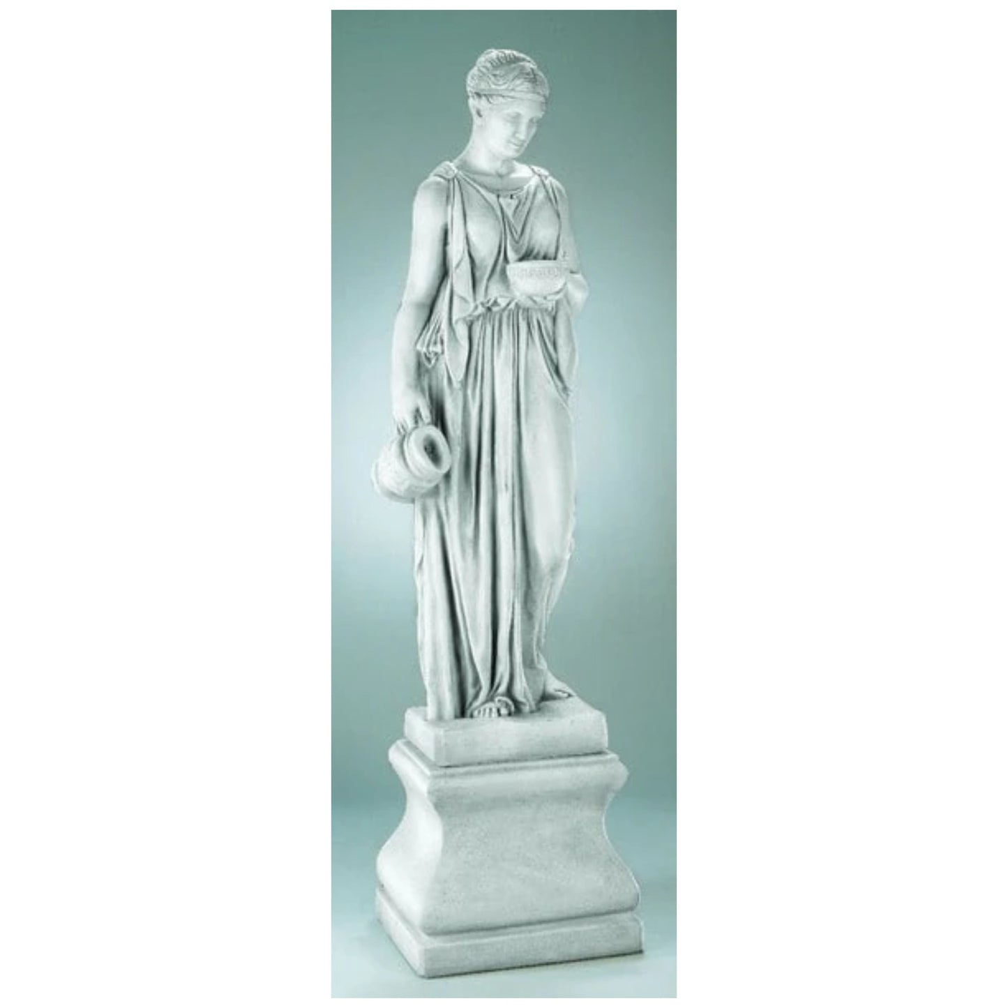 Life size Hebe statue in cast stone, white in color, on a giant stone pedestal.