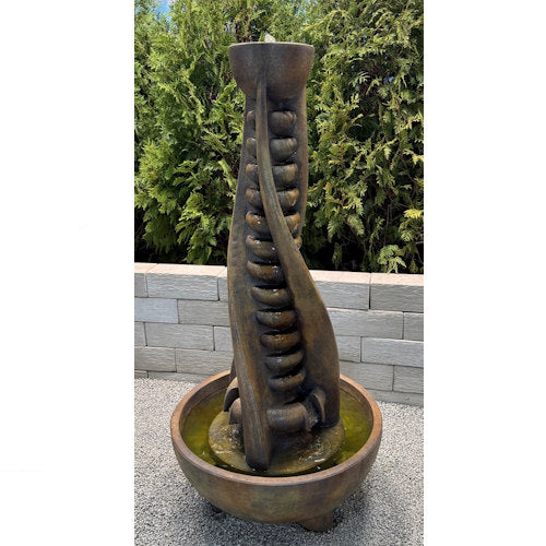 Tall Helix fountain with rounded cascading water pools spiral waterfall