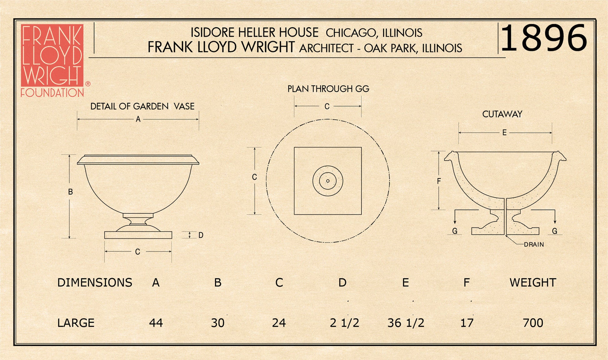 Isidore Heller House Urn – Wright Architectural Garden Vessel Drawing of measurements