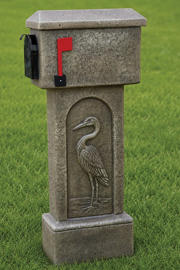 Heron cast stone mailbox garden sculpture 53.5 inches high