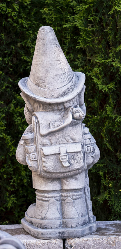 Back view Hiker Garden Gnome Statue with Backpack and hiking stick with chipmunk out of pack