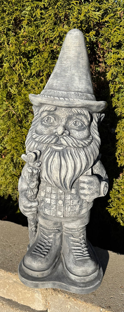 Hiker Garden Gnome Statue with Backpack and hiking stick cement sculpture