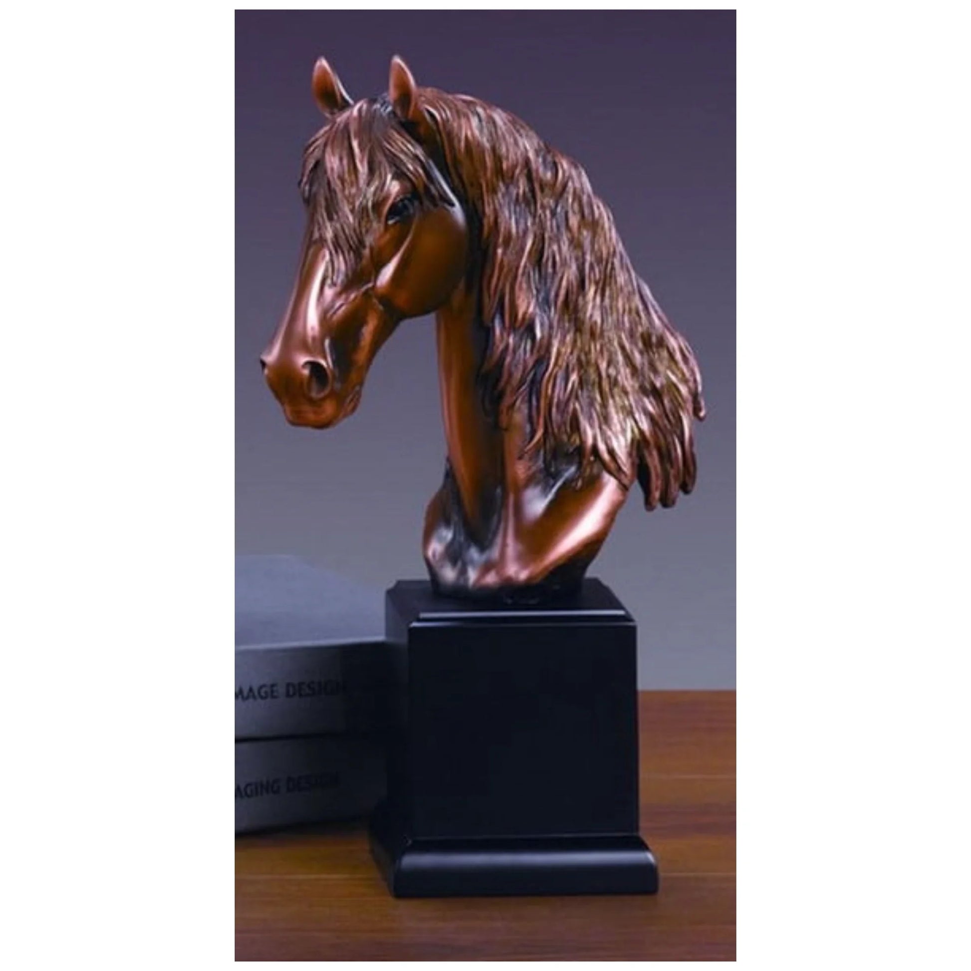 Detailed 12" high horse head sculpture in bronze-finished designer resin. Ideal for indoor display on desks or shelves, capturing equine grace and strength