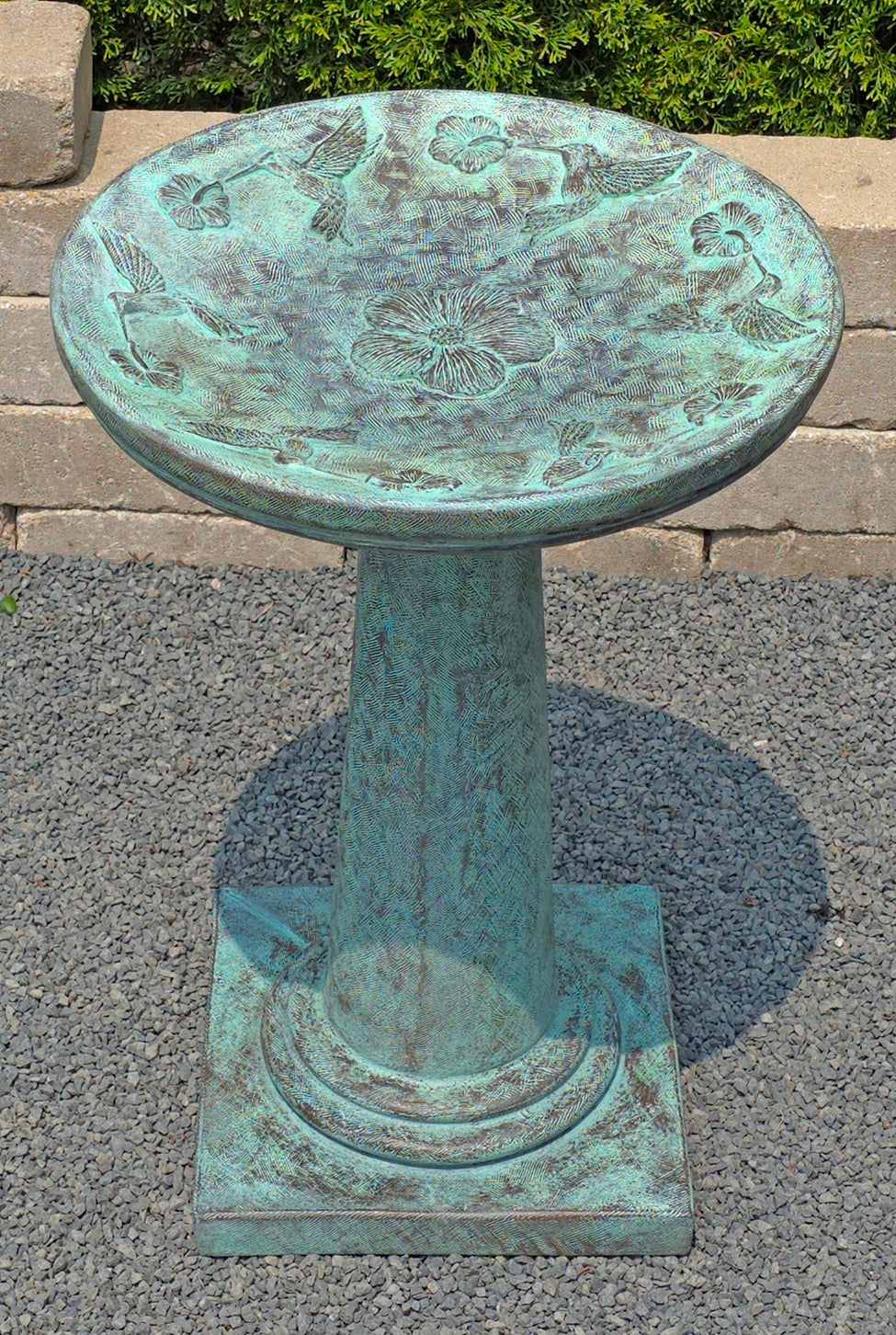 Floral Hummingbird Cast Stone Birdbath meadow wings and wildflowers