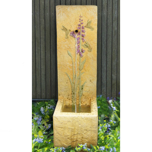 Hummingbirds Drinking Nectar Water Fountain Single Spout flowers bluebells