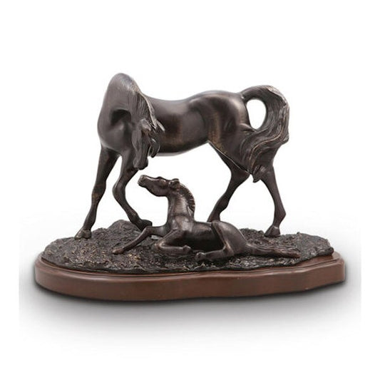 Horse with Colt Sculpture on Wood Base Mare Statue Aluminum Desktop