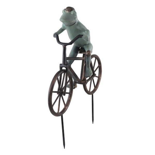 Smiling Frog on Bicycle Garden Sculpture bike peddling statue Helmet Statuary