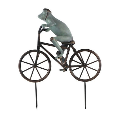 Side View Frog on Bicycle Garden Sculpture bike peddling statue Helmet Statuary