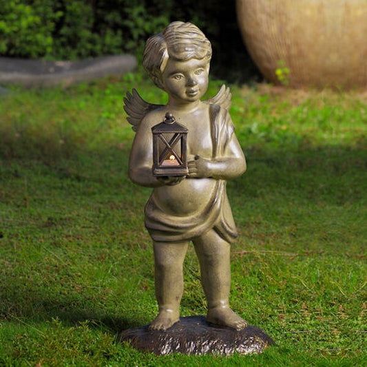 Cherub Garden Lantern Sculpture for Tealight Aluminum Statue Winged