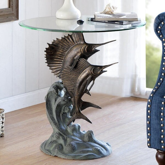 Marlin and Two Sailfish End Table Sculpture With Glass Top Statue