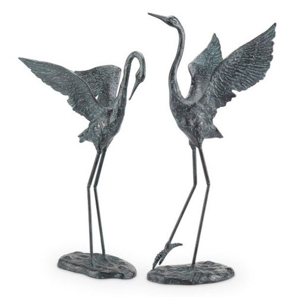 Exalted Crane Pair Sculptures Statues Set Cast Iron Metal Garden