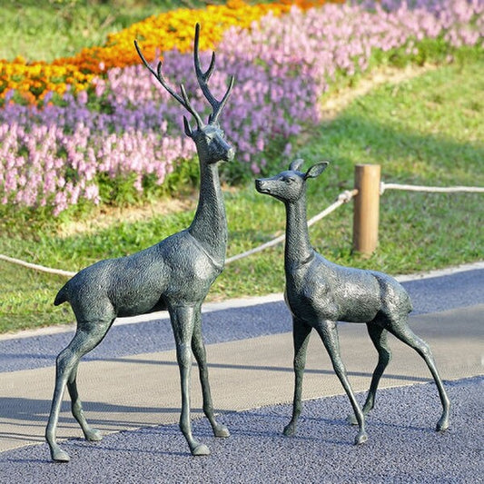 Deer and Stag Woodland Pair Statues Doe Set Metal Sculpted Artwork