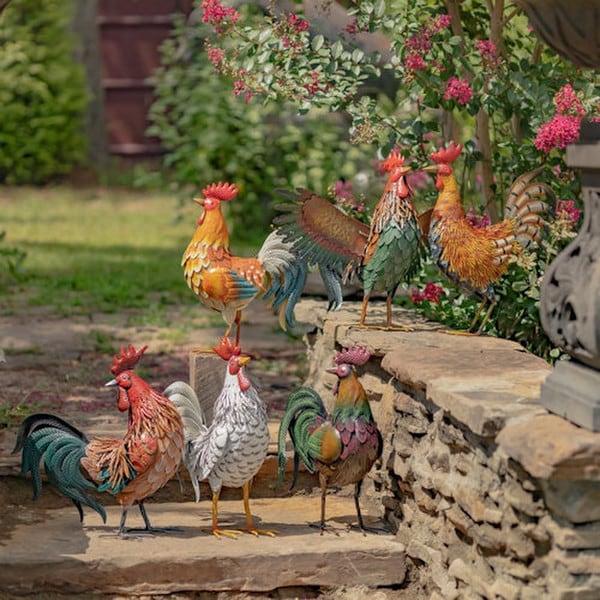 Roosters Iron Set of 6 Sculptures Outdoor Statues six in outdoor statuary