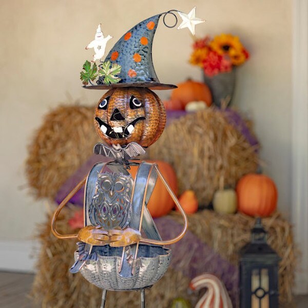 Pumpkin Witch with Owl Candy Holder Statue