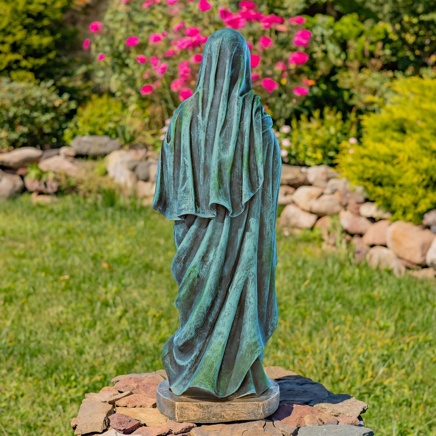 Back View of Blessed Virgin Mary Mother of God outdoor religious statue