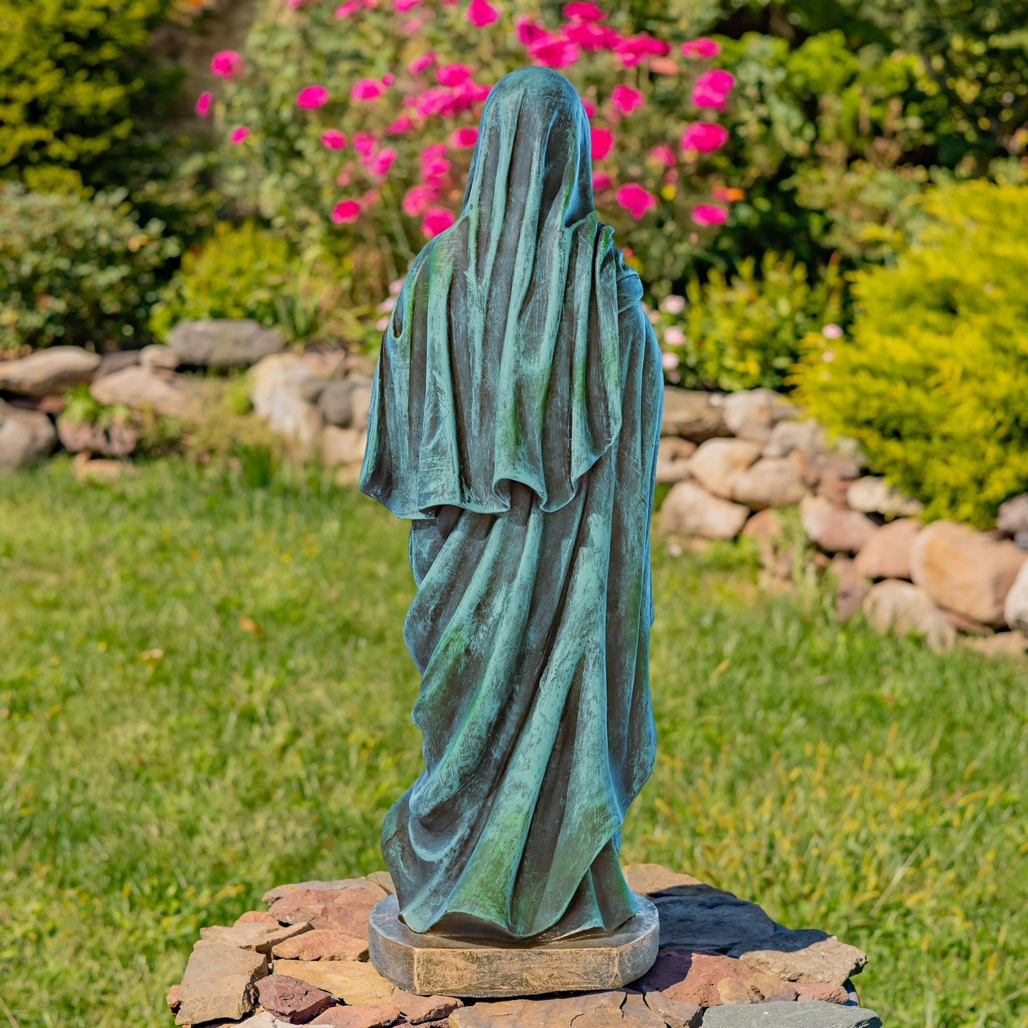 Back View of Blessed Virgin Mary Mother of God outdoor religious statue