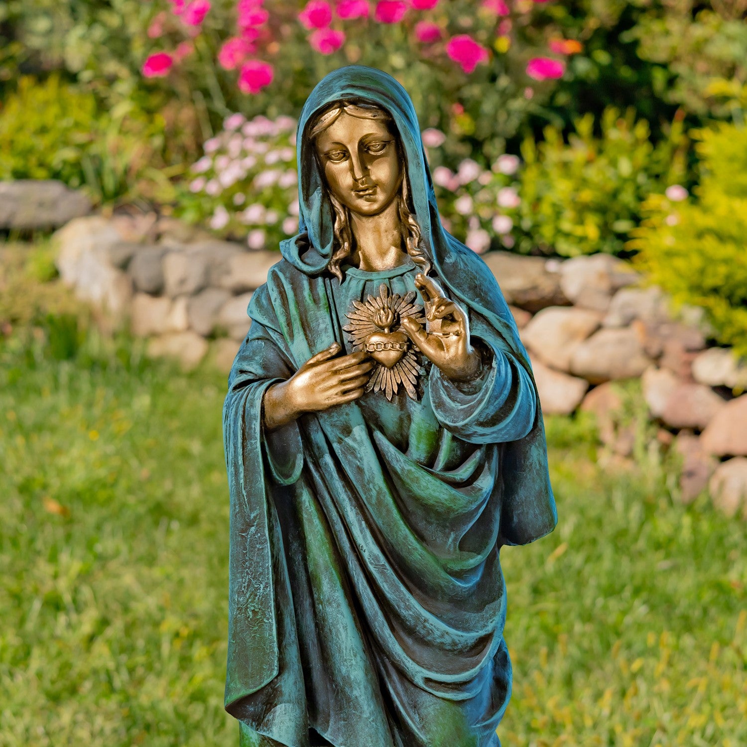 Mother Mary sacred heart devotional garden sculpture blessing