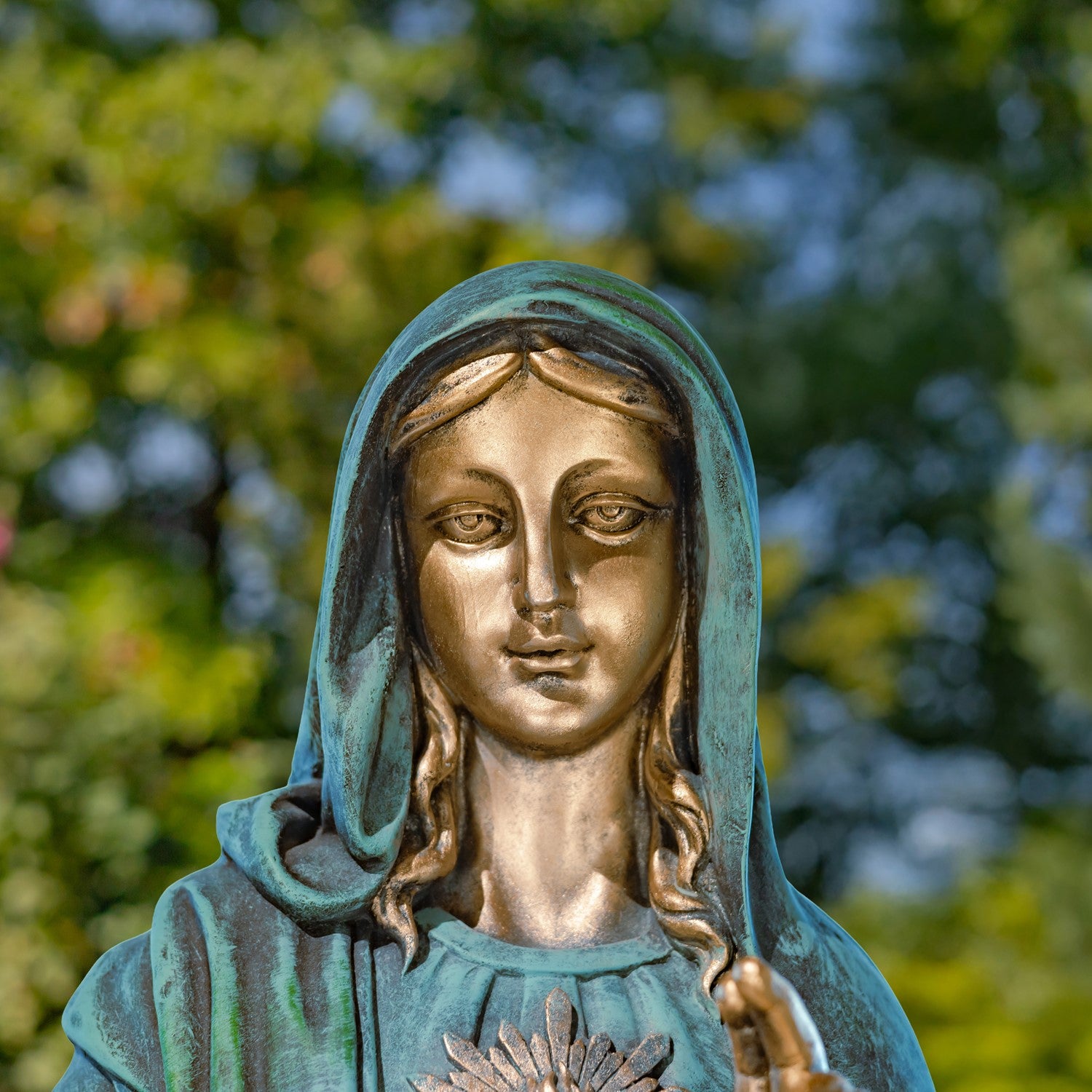 Blessed Mother Mary statue antique bronze finish close up of face