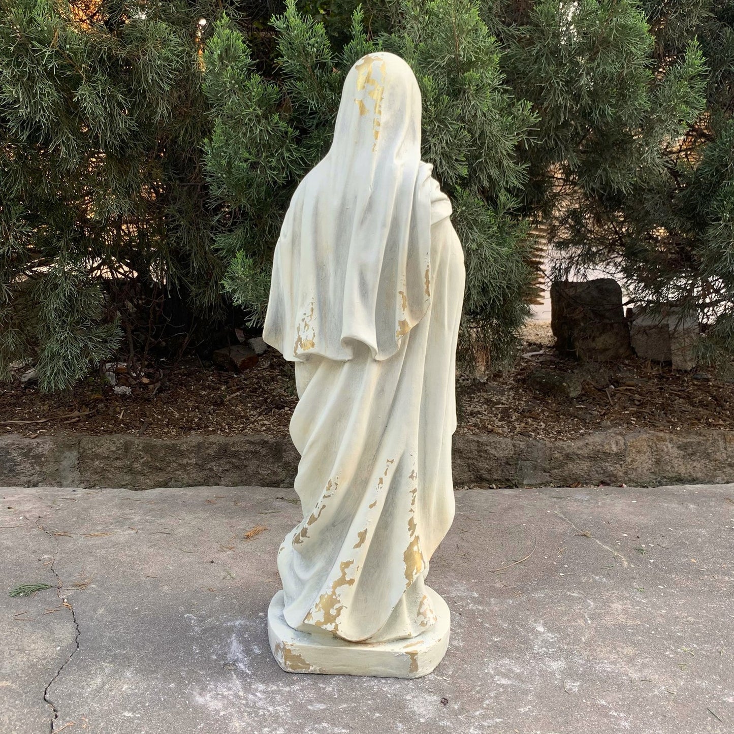 Back view of sculpture Blessed Mother Mary Sacred Heart Garden Statue