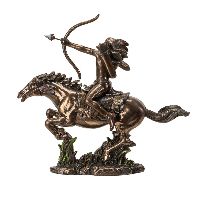 Bronze statue of a woman on horseback with a bow and arrow sculpture