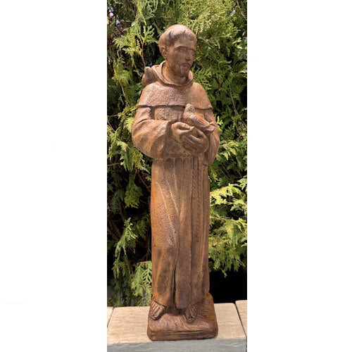 Patron Saint Francis of Assisi cast stone sculpture with finish choice holding birds in outdoor garden