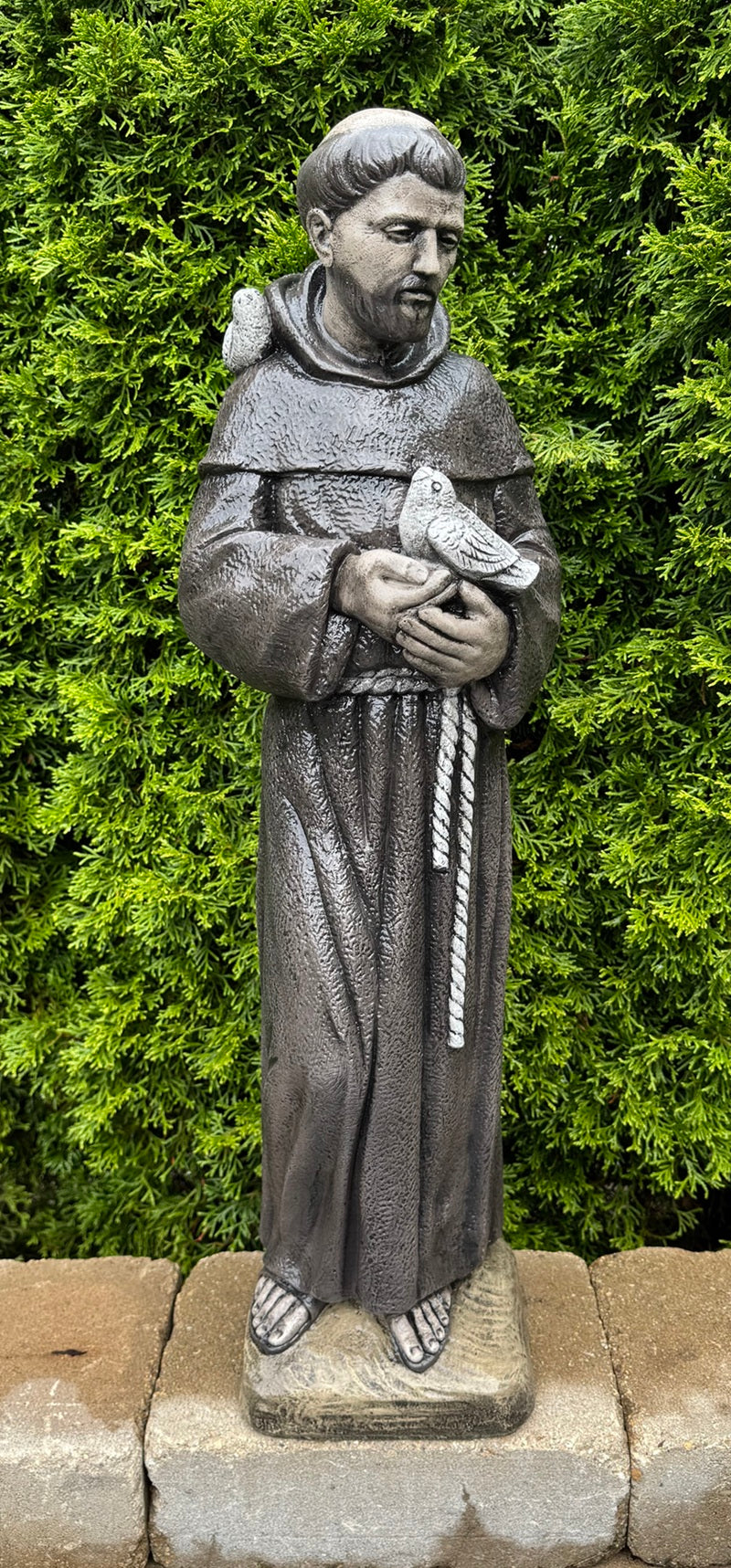 Franciscan monk statue with robe, rope belt and sandals Saint Francis Italian garden sculpture