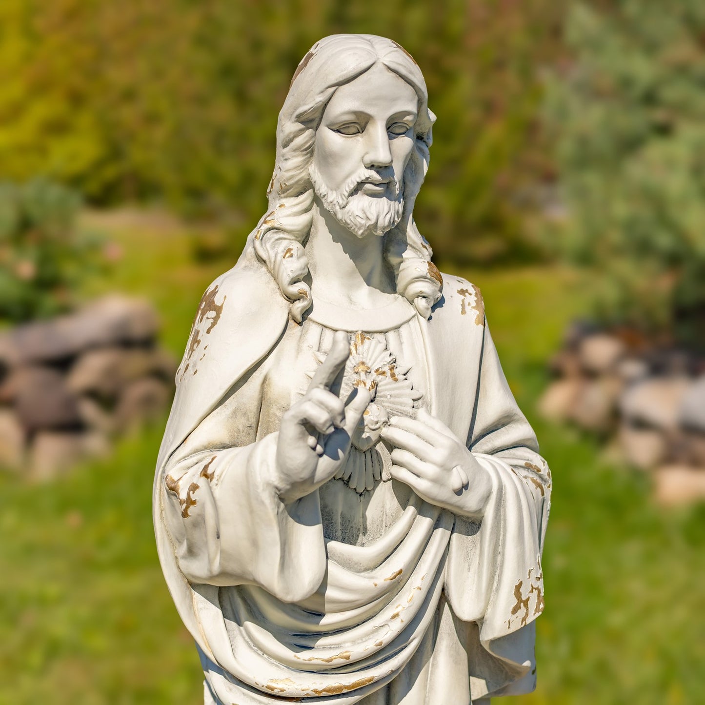 Close up of blessing Tall Jesus with Sacred Heart Garden Statue