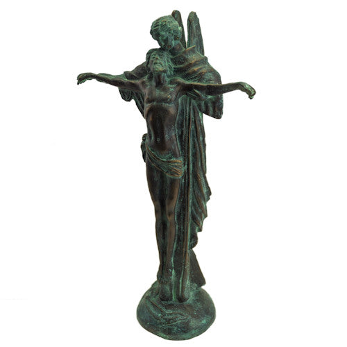 Jesus Attended by Angel Bronze Religious Sculpture shown in green bronze