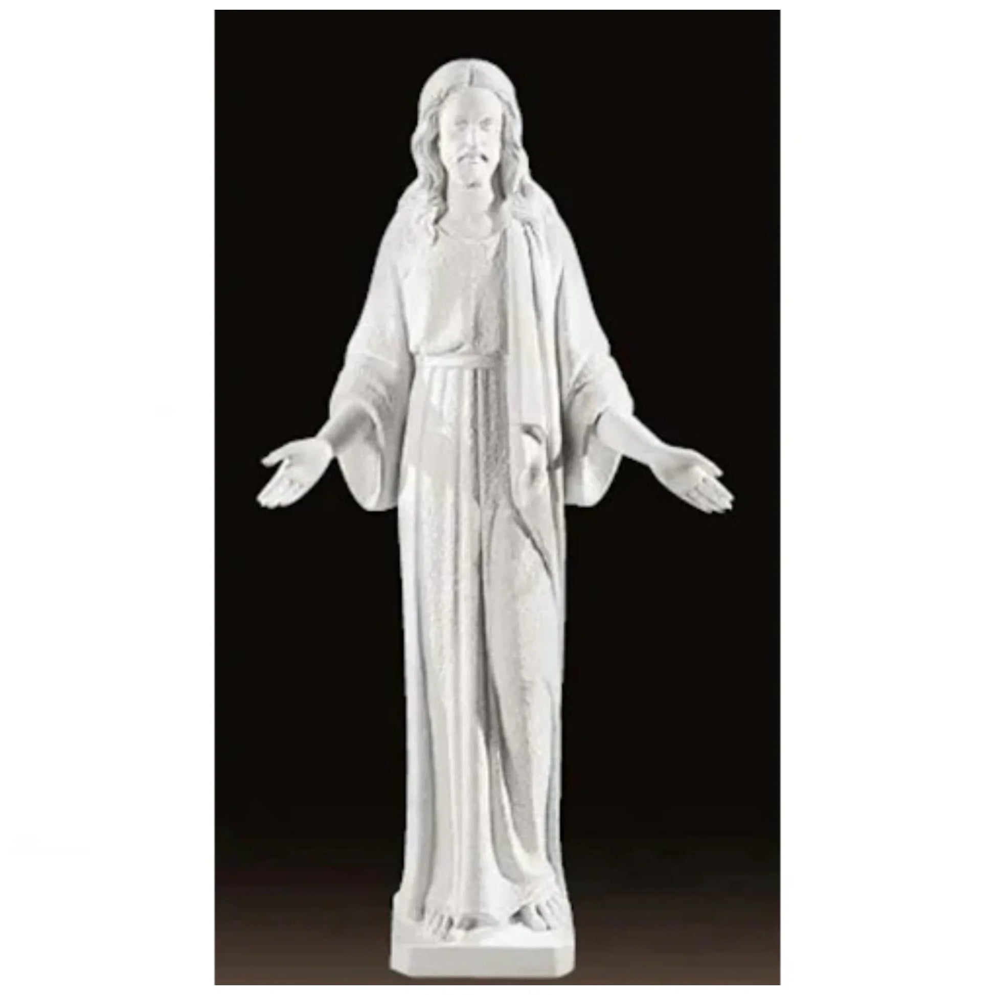 Authentic Italian marble Jesus statue, life-size and grand in scale, shown in an open-air spiritual courtyard with formal landscaping