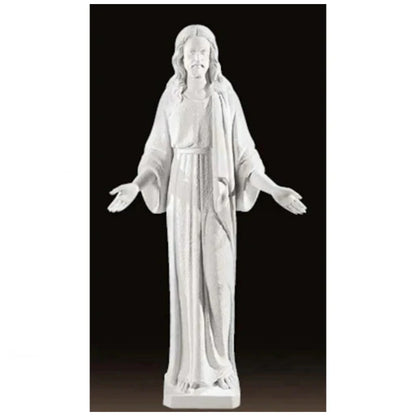 Authentic Italian marble Jesus statue, life-size and grand in scale, shown in an open-air spiritual courtyard with formal landscaping