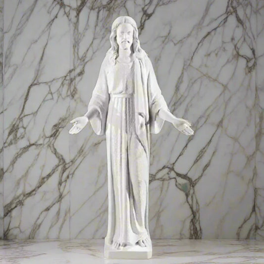 Authentic Italian marble Jesus statue, life-size and grand in scale, shown in an open-air spiritual courtyard with formal landscaping