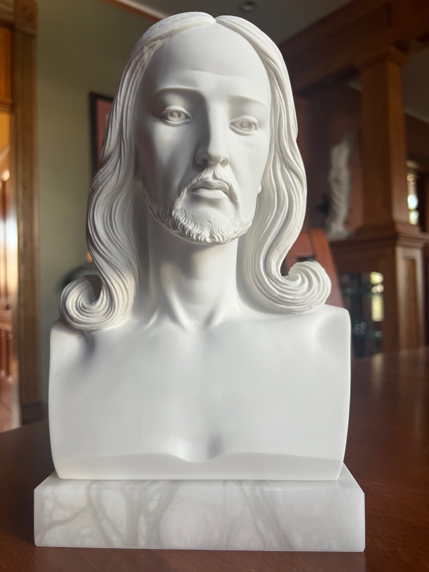 marble style Jesus bust statue on alabaster base religious art