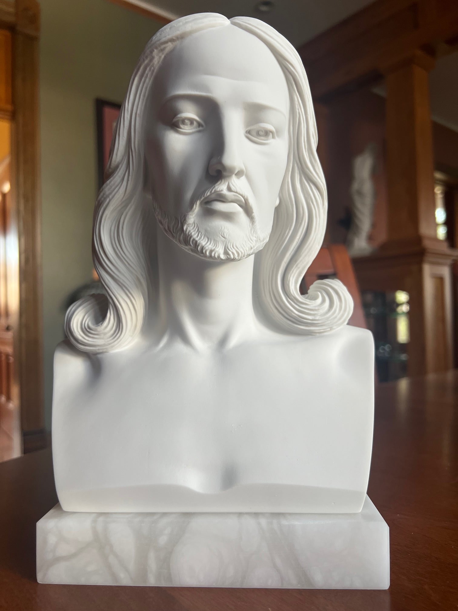marble style Jesus bust statue on alabaster base religious art
