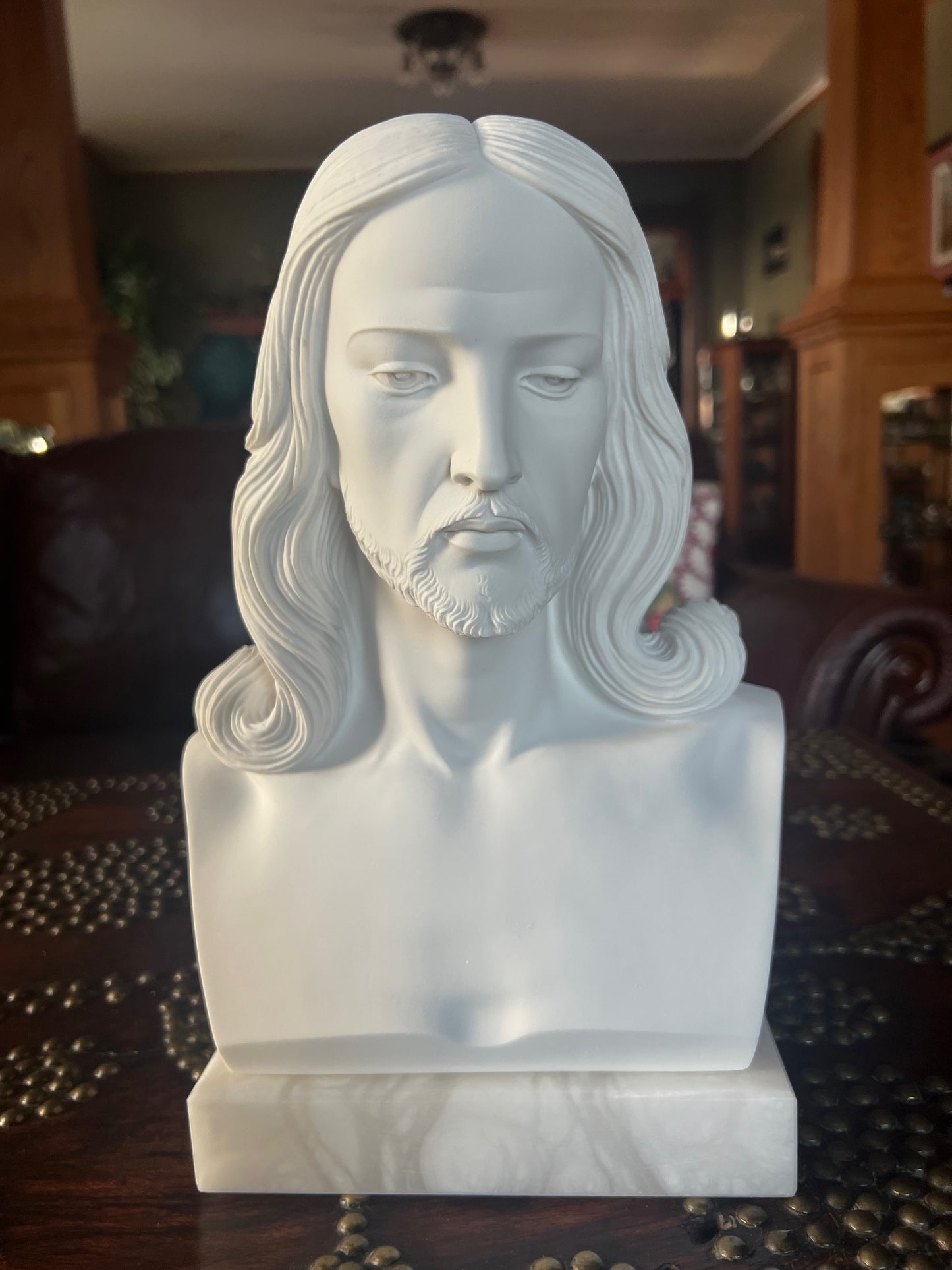 white Jesus bust statue detailed hair and beard classical style
