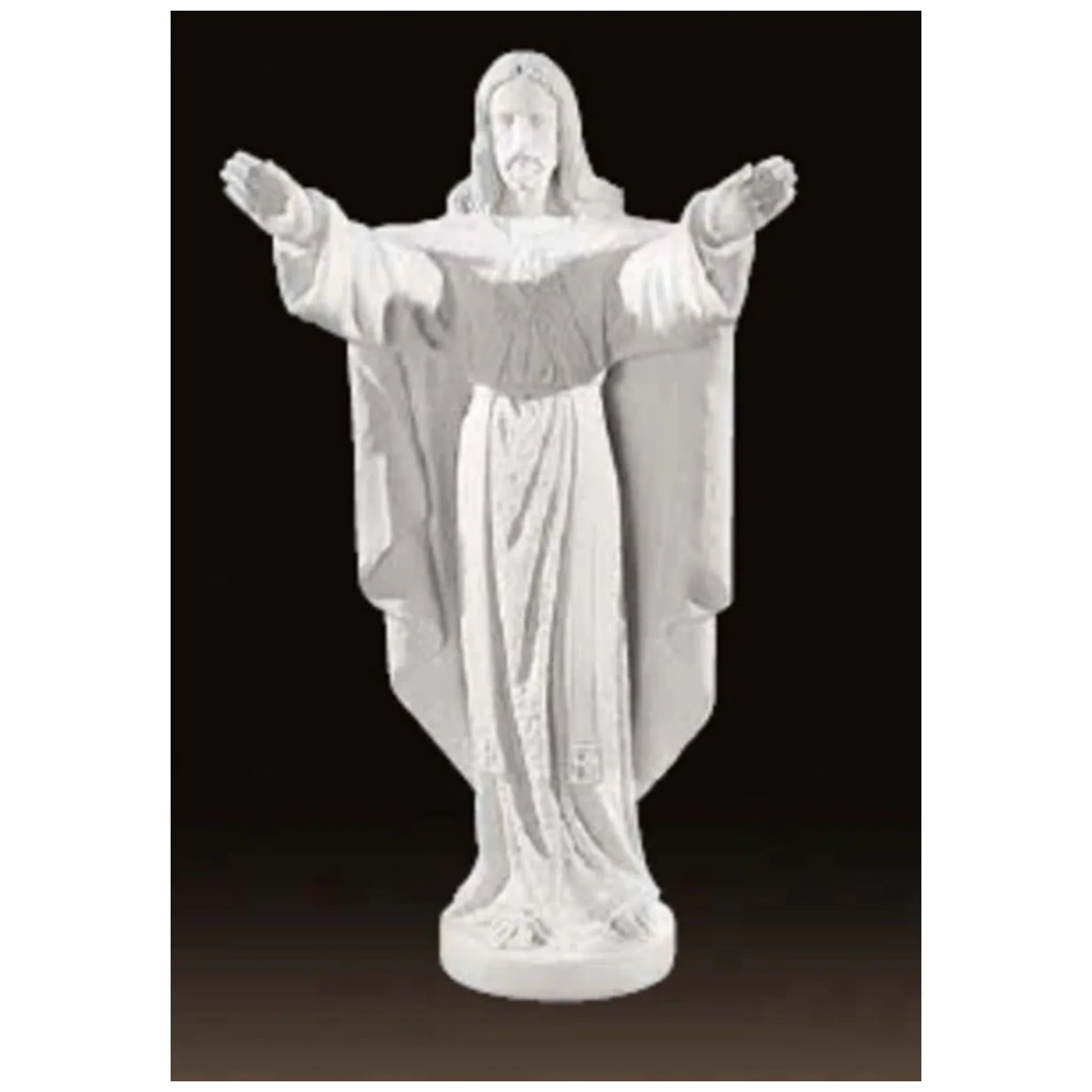 Collector-grade marble Jesus sculpture, life-size figure of Christ in blessing pose - White marble sculpture on a light brown background.