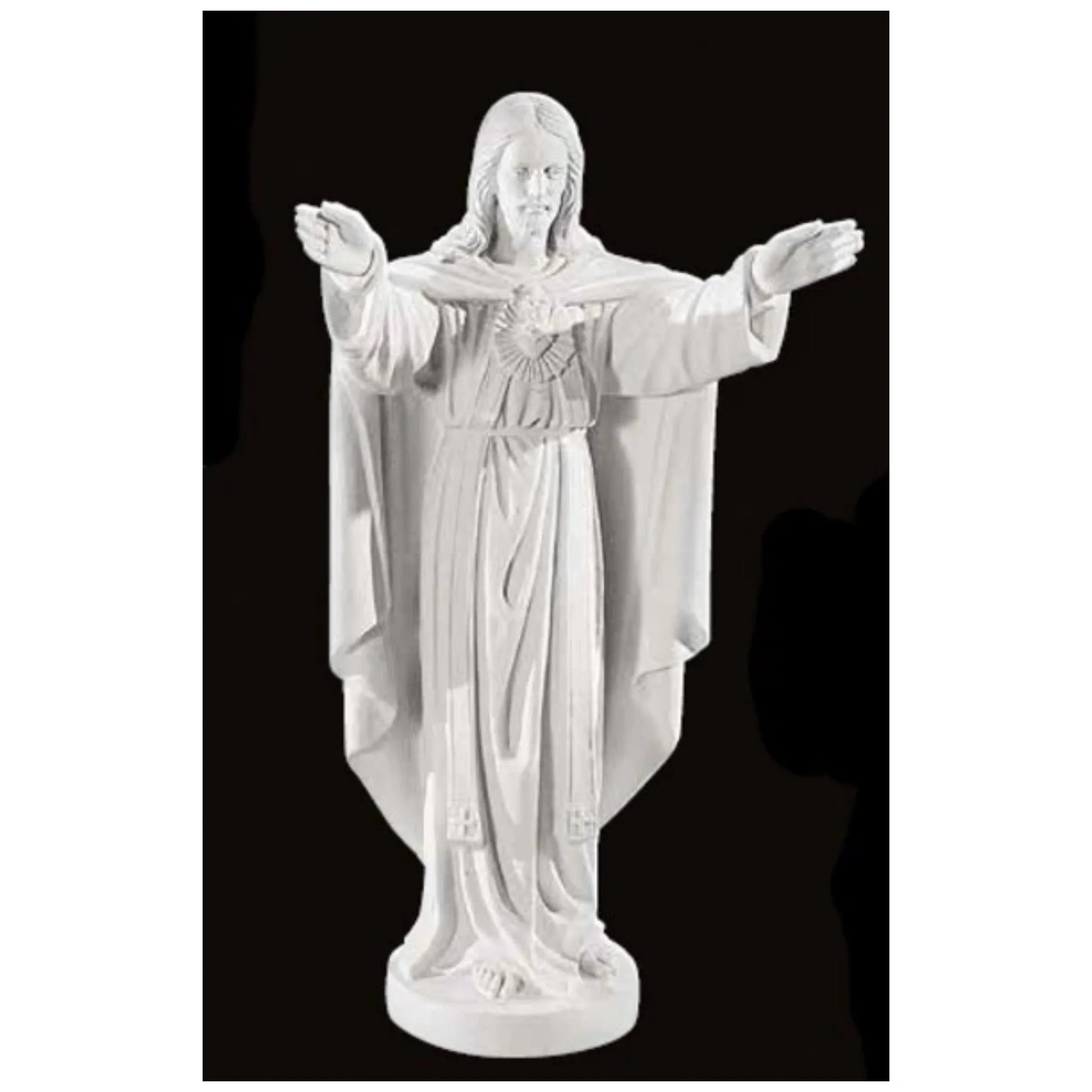 32-inch Sacred Heart of Jesus statue in Italian marble, displayed in a peaceful outdoor setting with manicured greenery and soft lighting