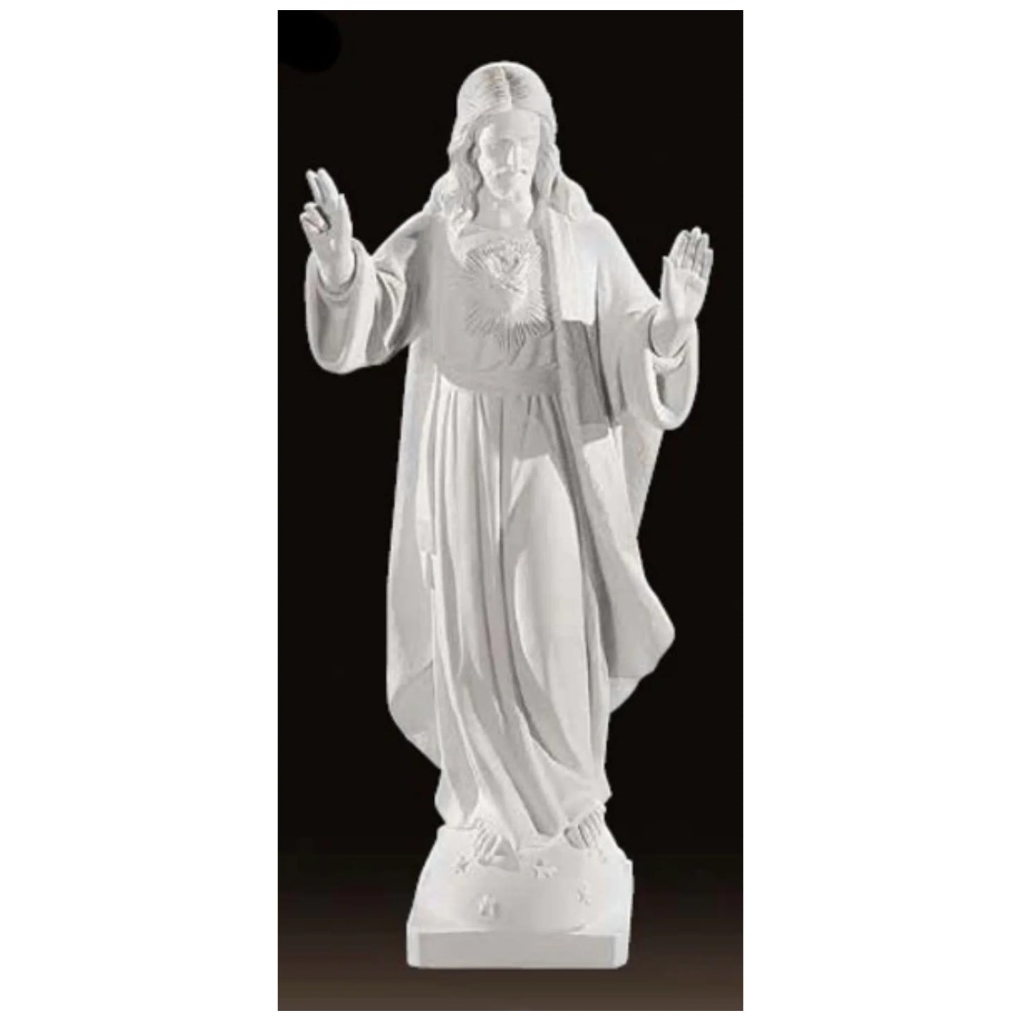 32-inch Sacred Heart of Jesus statue in Italian marble, displayed in a peaceful outdoor setting with manicured greenery and soft lighting
