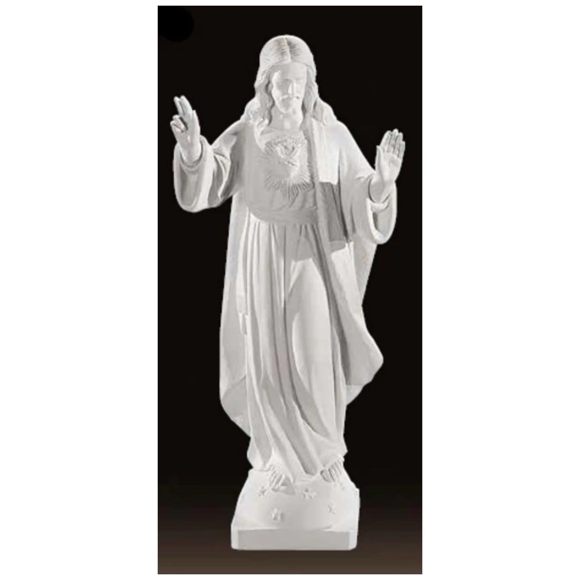 32-inch Sacred Heart of Jesus statue in Italian marble, displayed in a peaceful outdoor setting with manicured greenery and soft lighting
