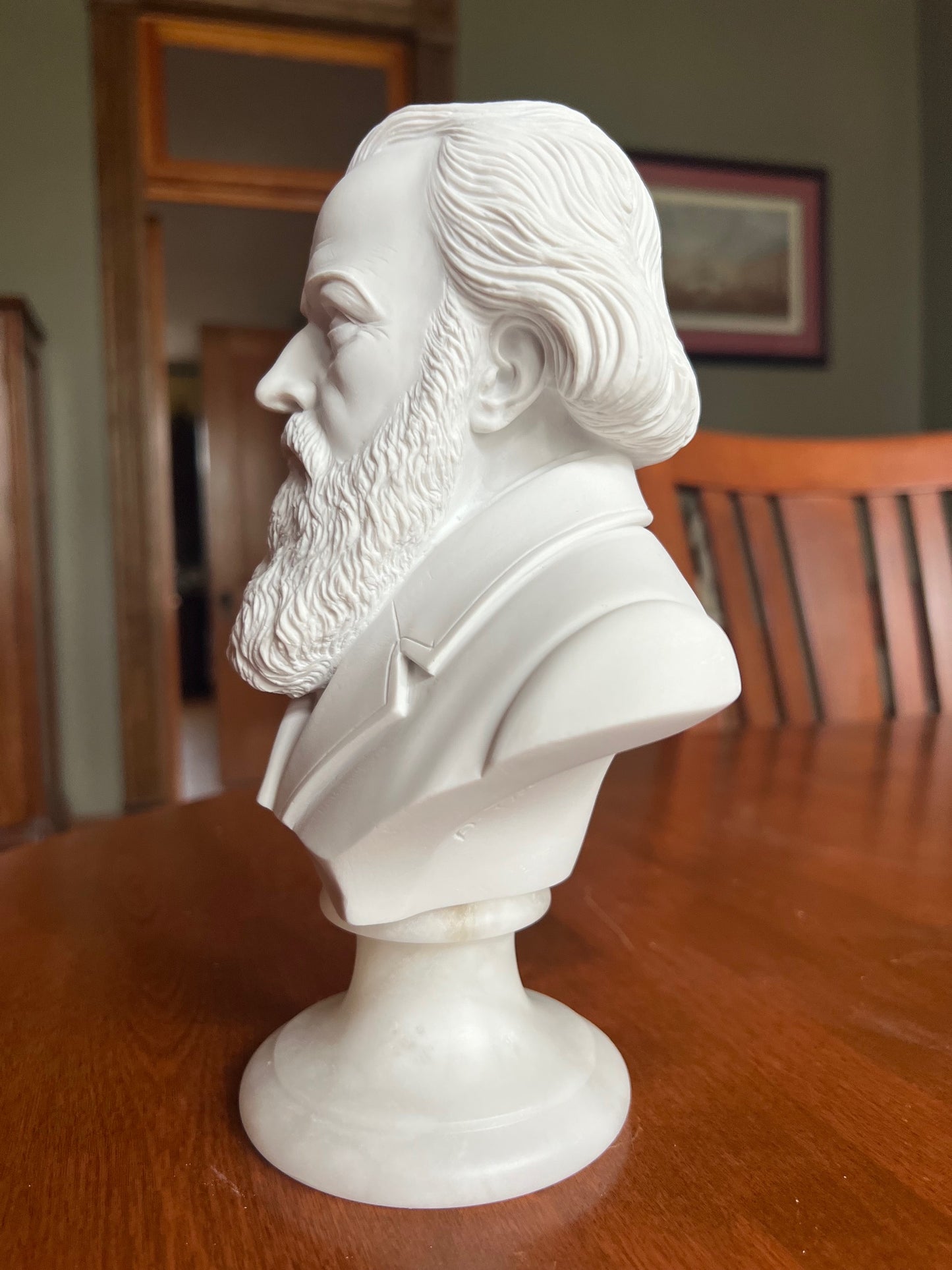 German composer Brahms statue white alabaster finish side view of sculpture