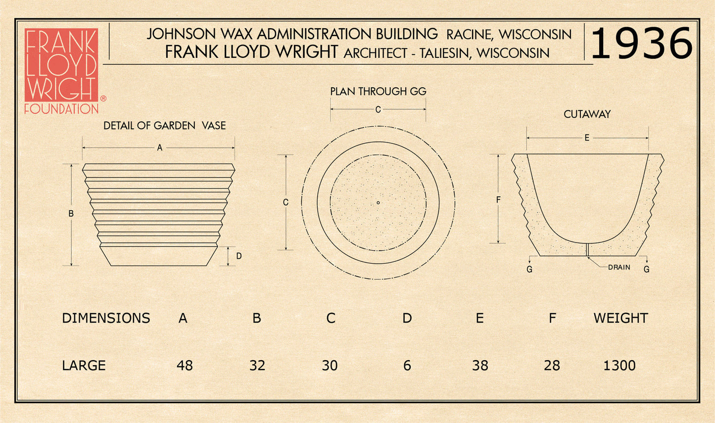 Diagram of size for the large Wright Johnson Wax building planter urn ribbed design
