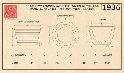 Diagram of size for the large Wright Johnson Wax building planter urn ribbed design