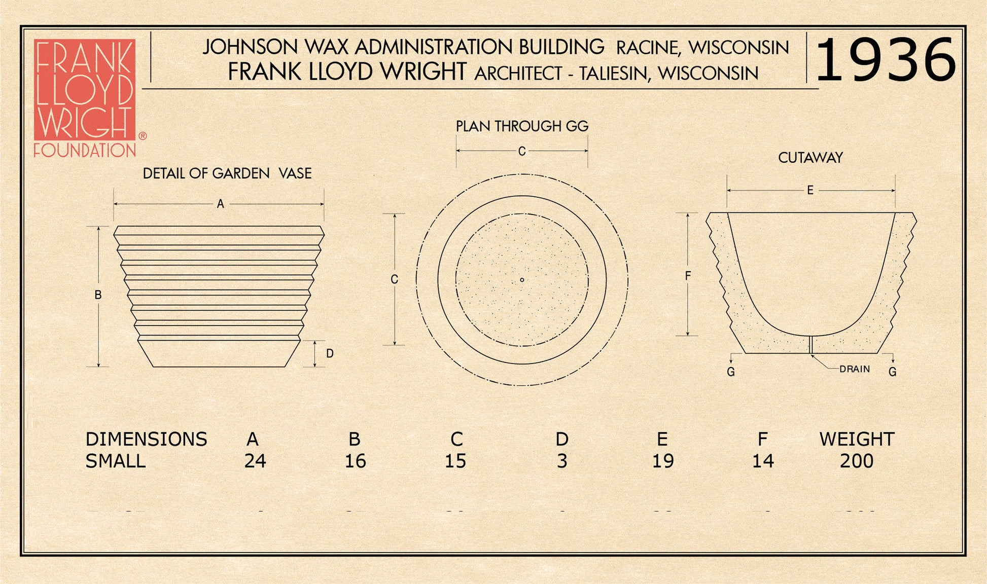 Johnson Wax Administration Planter  Wright Inspired Vase Ribbed Prairie Design Diagram of Size Small Urn