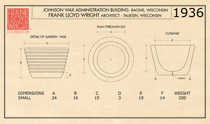 Johnson Wax Administration Planter  Wright Inspired Vase Ribbed Prairie Design Diagram of Size Small Urn
