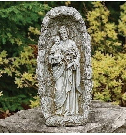 Saint Joseph and child in grotto solar light garden statue holding Christ