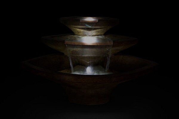 Kayak Fountain Lighted Cast Stone Shaped Cement contemporary Art night time view