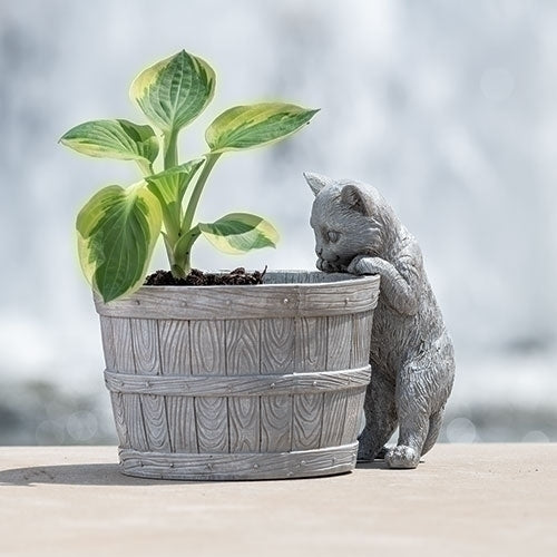 Kitten Cat Peeking In Planter Flower Basket Sculpture outdoor display
