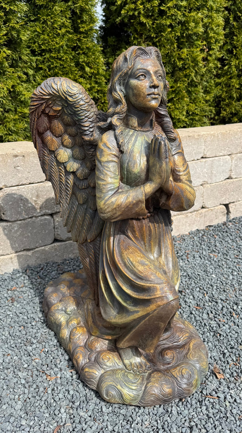 Kneeling praying angel on clouds memorial statue 26 inches high