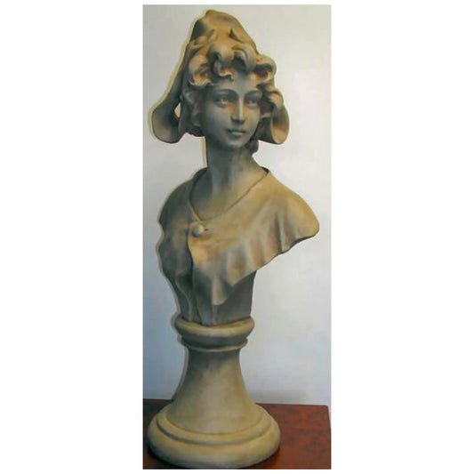 Elegant classical-style bust of Lady Iris with a sculpted hat and flowing garments, cast in a weathered stone finish.