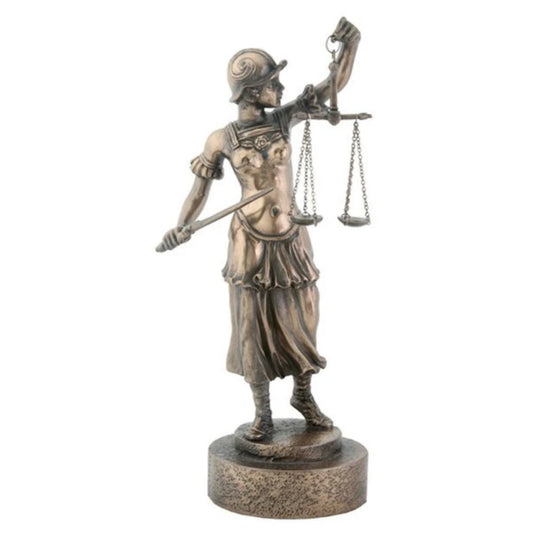 Lady Justice Warrior with Sword Statue, bronze finish on a white background.