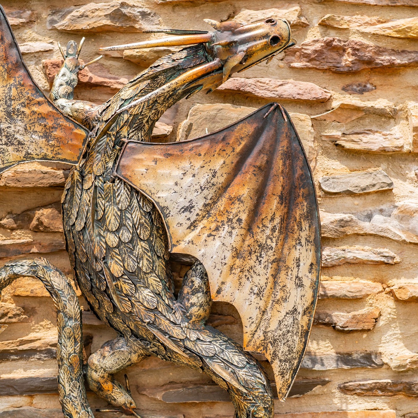 Dramatic metal wall relief dragon sculpture with serpent form